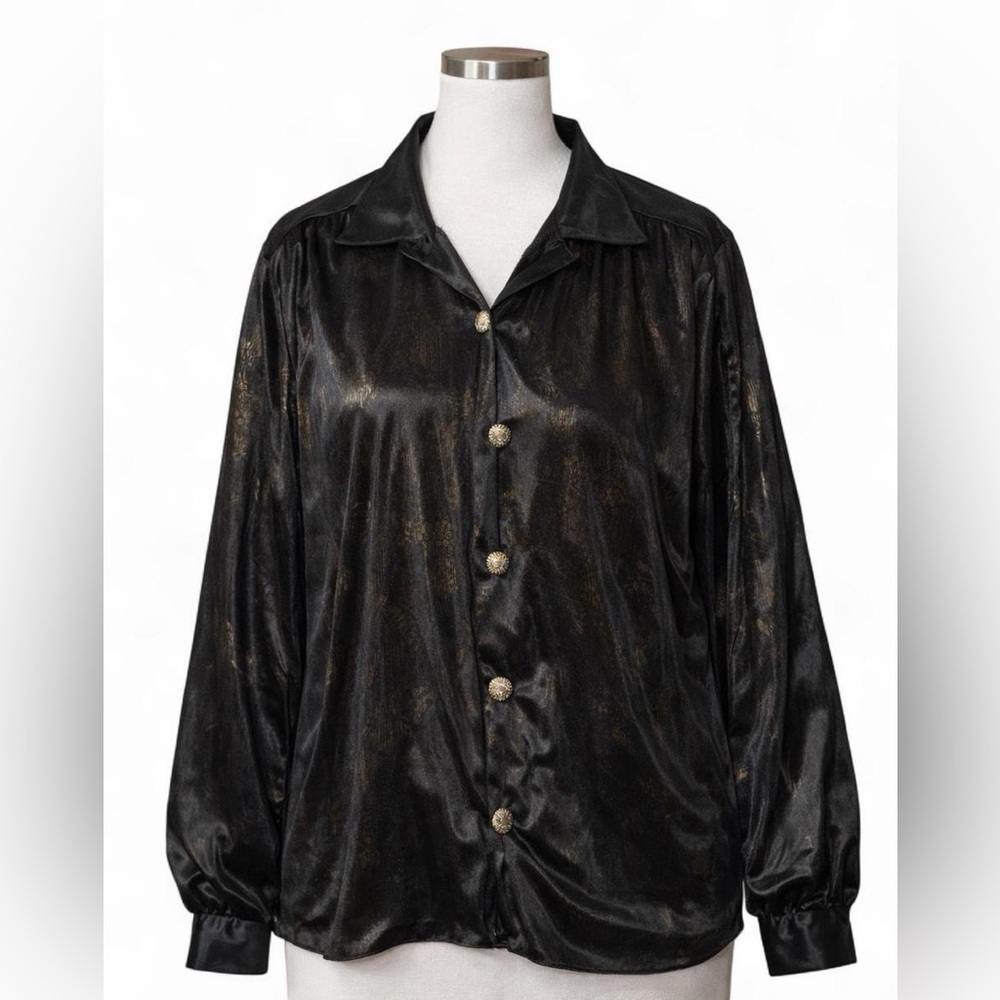 Joanna Vintage Metallic Button Up Blouse Black Gold Large 80s Disco Party Wear
